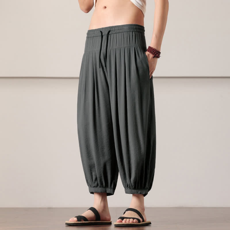 Buddha Stones Summer Casual Minimalist Drawstring Solid Capri Pants Men's Harem Pants With Pocket