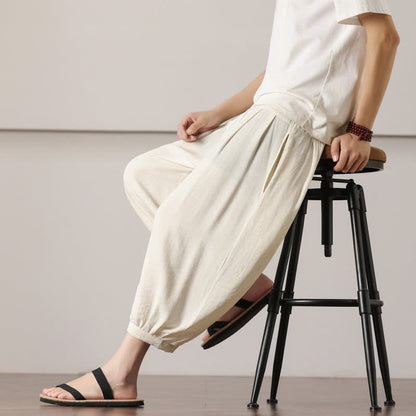 Buddha Stones Summer Casual Minimalist Drawstring Solid Capri Pants Men's Harem Pants With Pocket