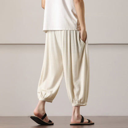 Buddha Stones Summer Casual Minimalist Drawstring Solid Capri Pants Men's Harem Pants With Pocket