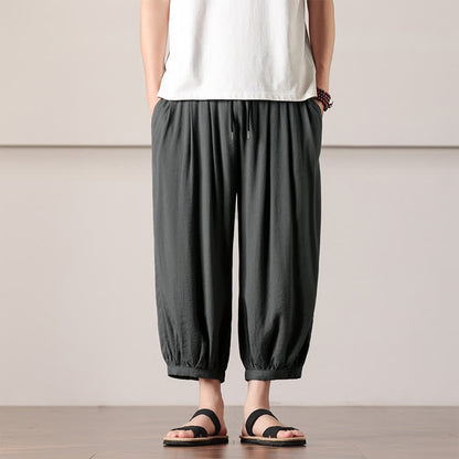 Buddha Stones Summer Casual Minimalist Drawstring Solid Capri Pants Men's Harem Pants With Pocket