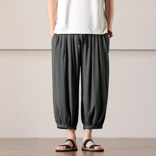 Buddha Stones Summer Casual Minimalist Drawstring Solid Capri Pants Men's Harem Pants With Pocket
