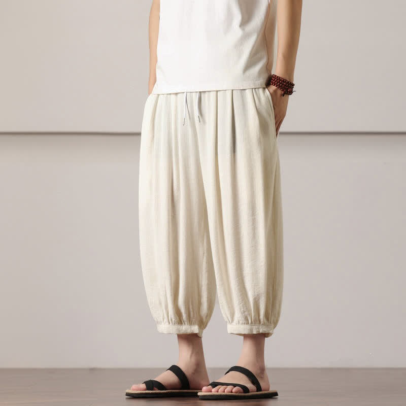 Buddha Stones Summer Casual Minimalist Drawstring Solid Capri Pants Men's Harem Pants With Pocket