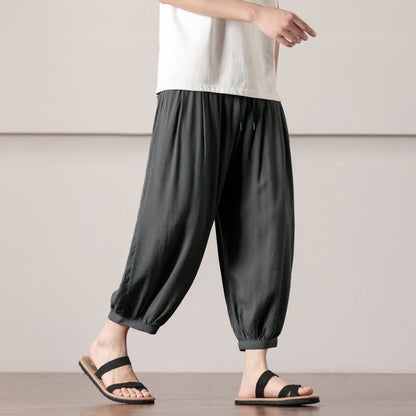 Buddha Stones Summer Casual Minimalist Drawstring Solid Capri Pants Men's Harem Pants With Pocket