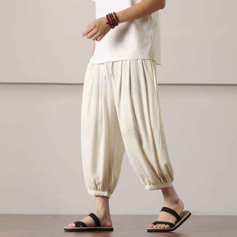 Buddha Stones Summer Casual Minimalist Drawstring Solid Capri Pants Men's Harem Pants With Pocket