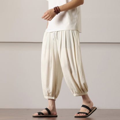 Buddha Stones Summer Casual Minimalist Drawstring Solid Capri Pants Men's Harem Pants With Pocket