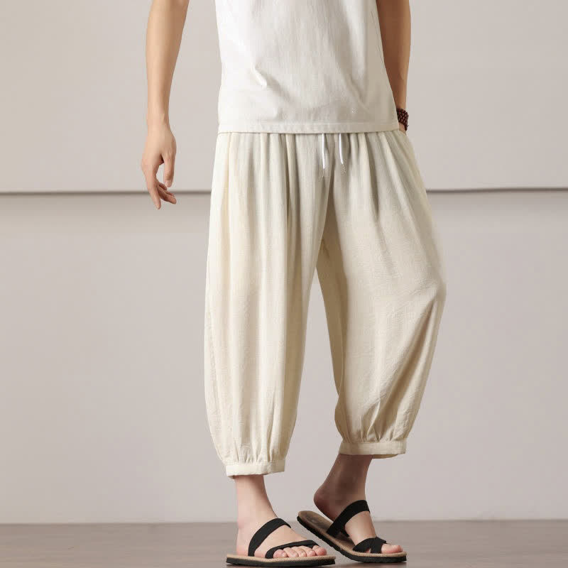 Buddha Stones Summer Casual Minimalist Drawstring Solid Capri Pants Men's Harem Pants With Pocket