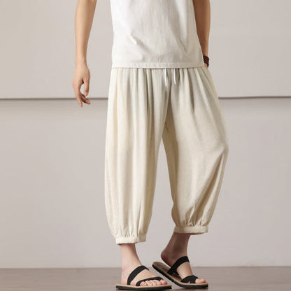Buddha Stones Summer Casual Minimalist Drawstring Solid Capri Pants Men's Harem Pants With Pocket