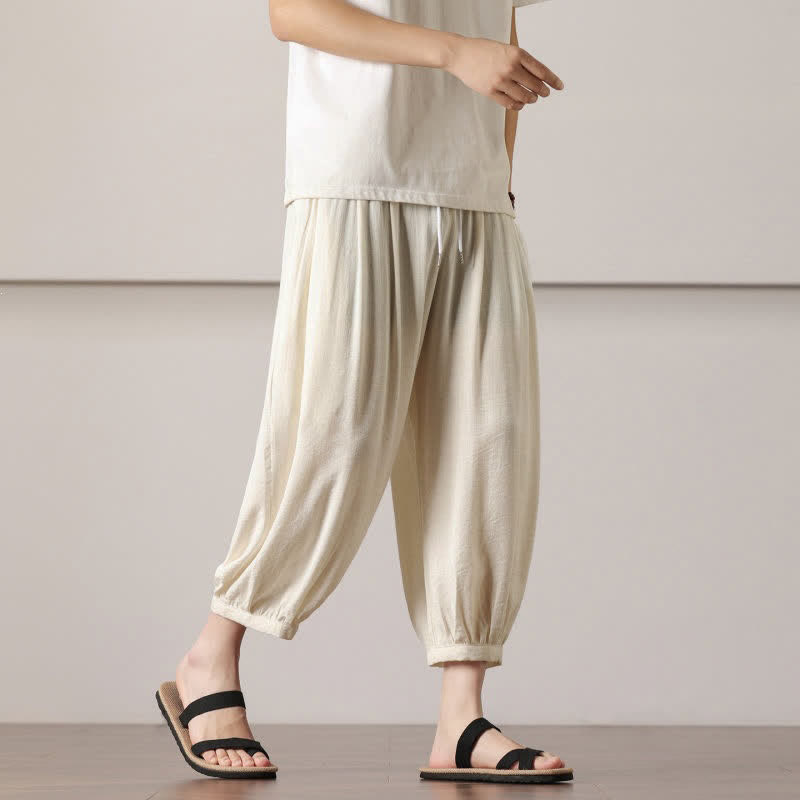 Buddha Stones Summer Casual Minimalist Drawstring Solid Capri Pants Men's Harem Pants With Pocket