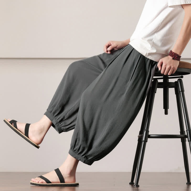 Buddha Stones Summer Casual Minimalist Drawstring Solid Capri Pants Men's Harem Pants With Pocket