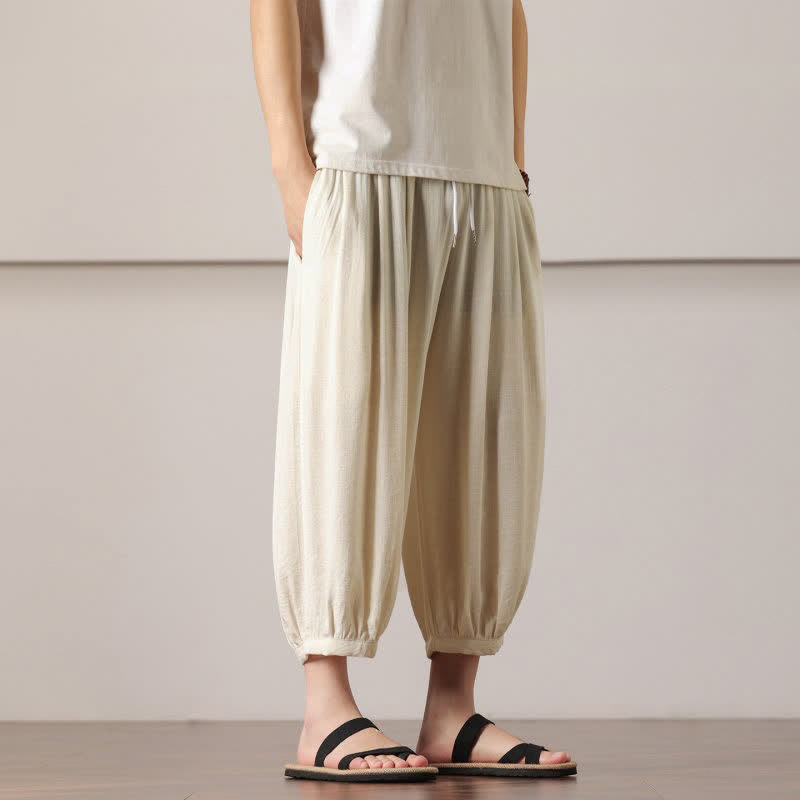 Buddha Stones Summer Casual Minimalist Drawstring Solid Capri Pants Men's Harem Pants With Pocket