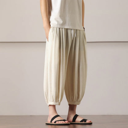 Buddha Stones Summer Casual Minimalist Drawstring Solid Capri Pants Men's Harem Pants With Pocket