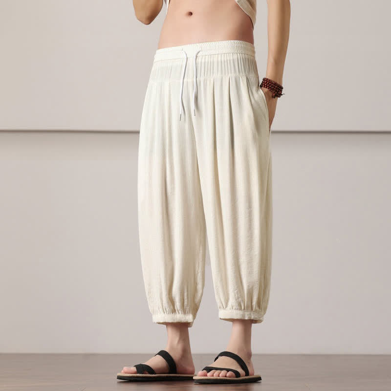 Buddha Stones Summer Casual Minimalist Drawstring Solid Capri Pants Men's Harem Pants With Pocket
