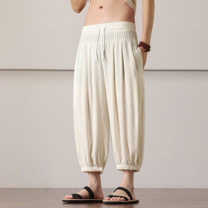 Buddha Stones Summer Casual Minimalist Drawstring Solid Capri Pants Men's Harem Pants With Pocket