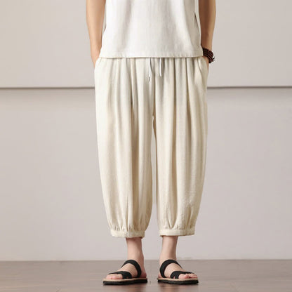 Buddha Stones Summer Casual Minimalist Drawstring Solid Capri Pants Men's Harem Pants With Pocket