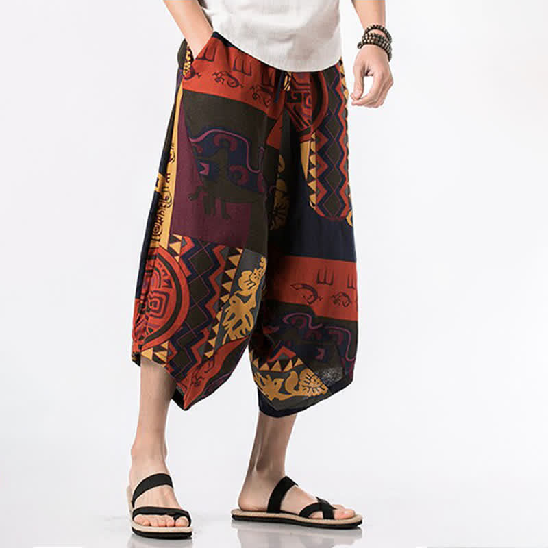 Buddha Stones Summer Boho Casual Drawstring Floral Cotton Linen Capri Pants Men's Harem Pants With Pocket