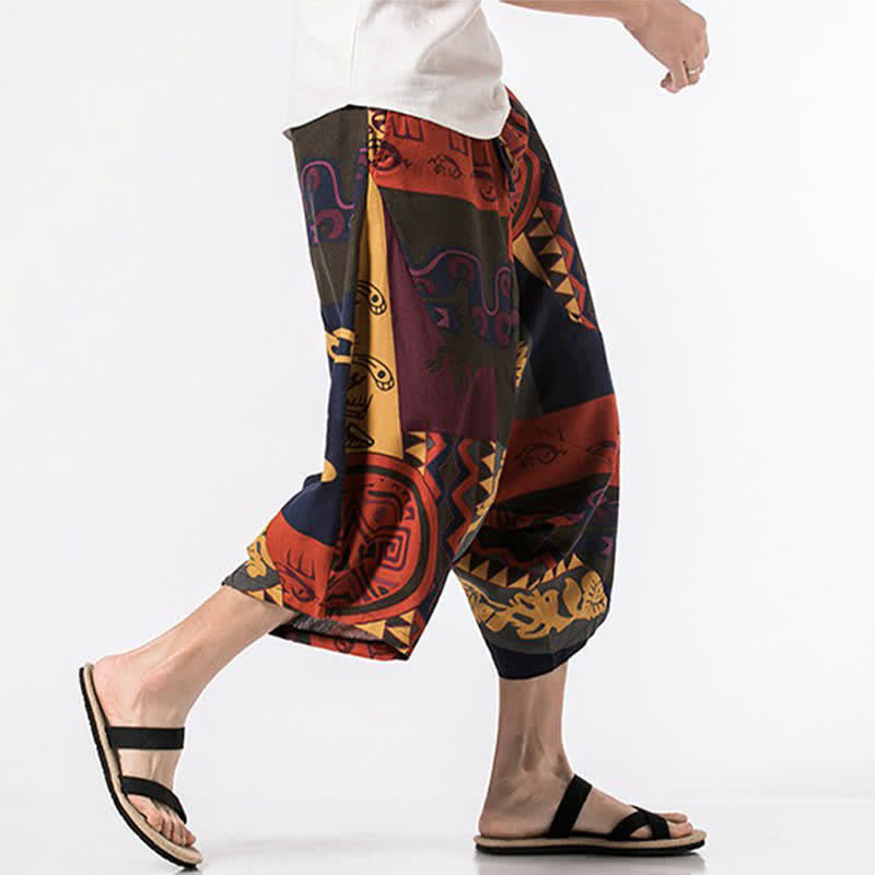 Buddha Stones Summer Boho Casual Drawstring Floral Cotton Linen Capri Pants Men's Harem Pants With Pocket