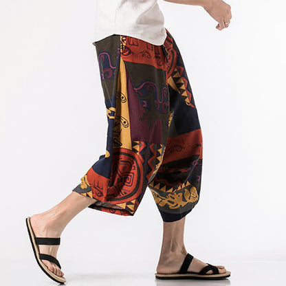 Buddha Stones Summer Boho Casual Drawstring Floral Cotton Linen Capri Pants Men's Harem Pants With Pocket