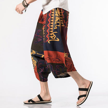 Buddha Stones Summer Boho Casual Drawstring Floral Cotton Linen Capri Pants Men's Harem Pants With Pocket