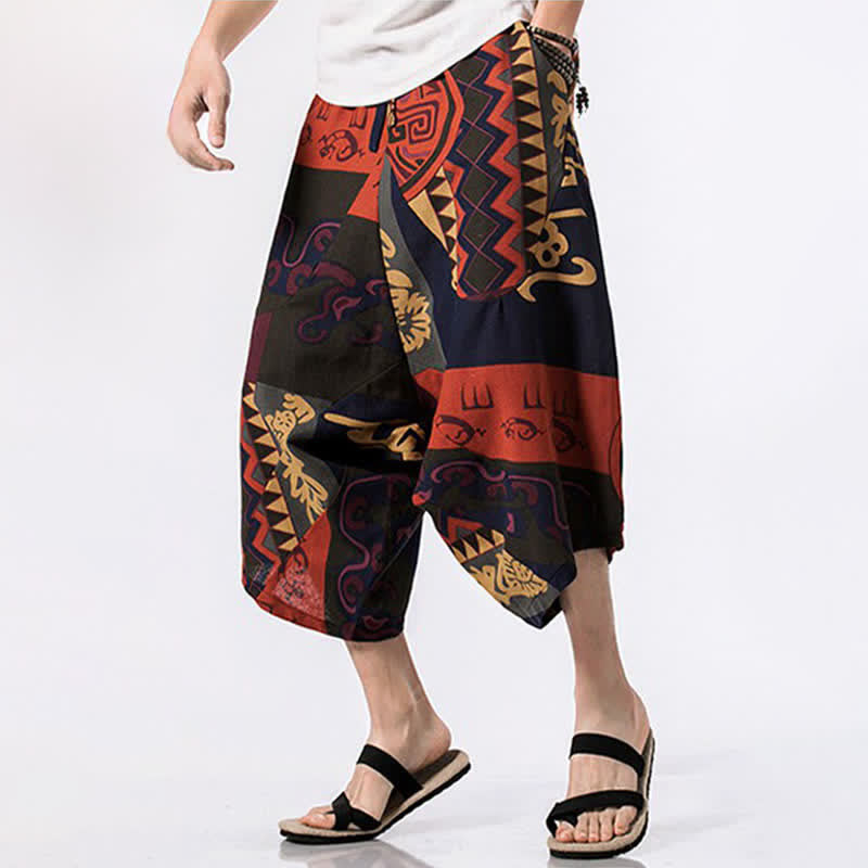 Buddha Stones Summer Boho Casual Drawstring Floral Cotton Linen Capri Pants Men's Harem Pants With Pocket