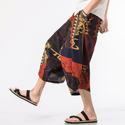 Buddha Stones Summer Boho Casual Drawstring Floral Cotton Linen Capri Pants Men's Harem Pants With Pocket