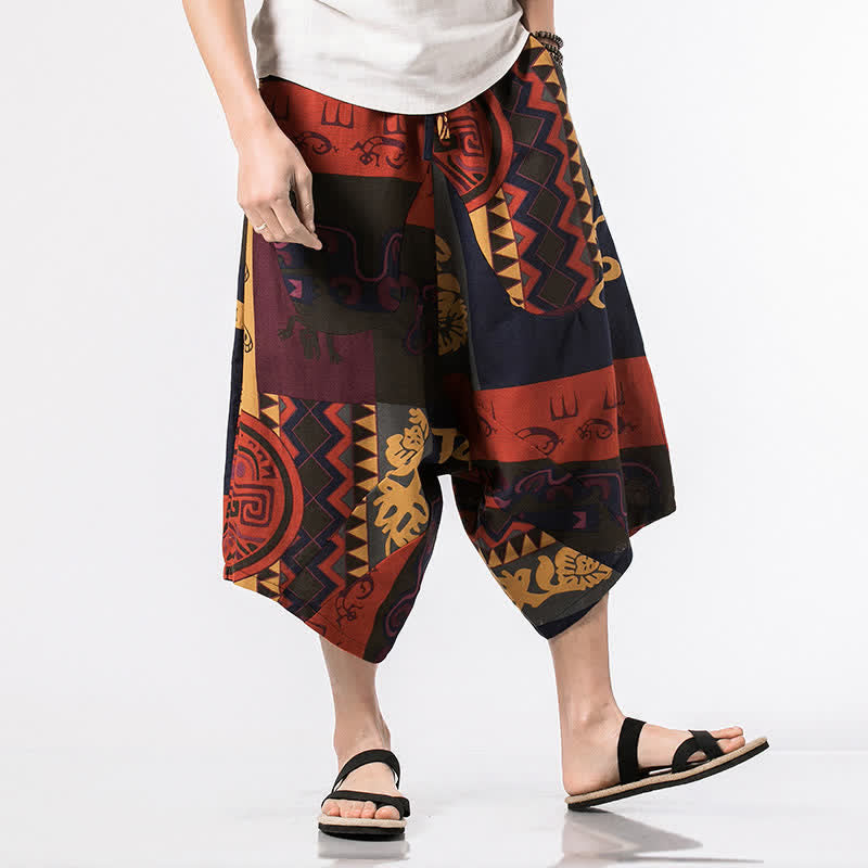Buddha Stones Summer Boho Casual Drawstring Floral Cotton Linen Capri Pants Men's Harem Pants With Pocket