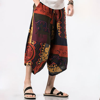 Buddha Stones Summer Boho Casual Drawstring Floral Cotton Linen Capri Pants Men's Harem Pants With Pocket