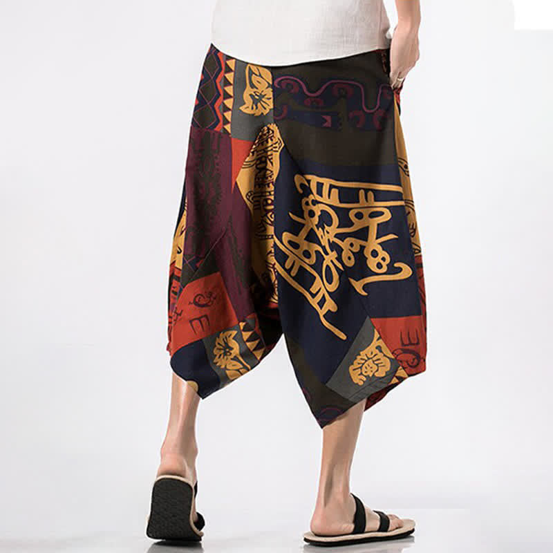 Buddha Stones Summer Boho Casual Drawstring Floral Cotton Linen Capri Pants Men's Harem Pants With Pocket