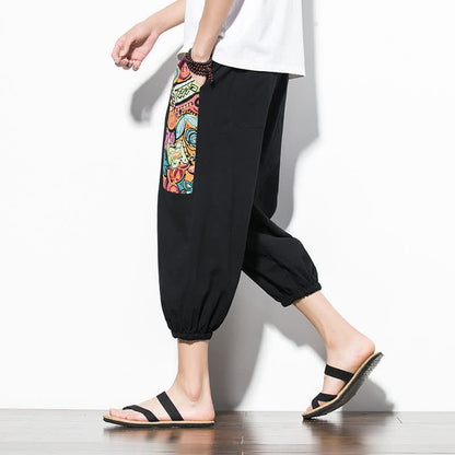 Buddha Stones Summer Casual Boho Drawstring Abstract Capri Pants Men's Harem Pants With Pocket