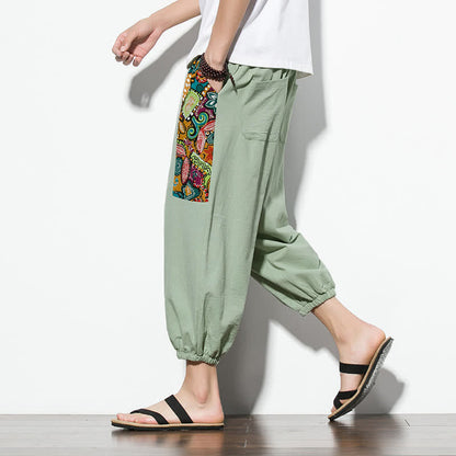 Buddha Stones Summer Casual Boho Drawstring Abstract Capri Pants Men's Harem Pants With Pocket