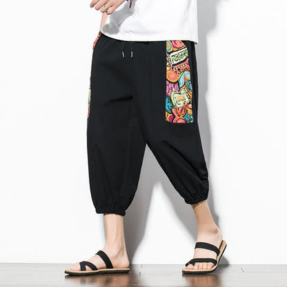 Buddha Stones Summer Casual Boho Drawstring Abstract Capri Pants Men's Harem Pants With Pocket