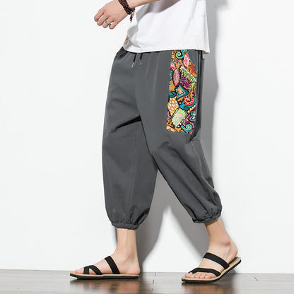 Buddha Stones Summer Casual Boho Drawstring Abstract Capri Pants Men's Harem Pants With Pocket