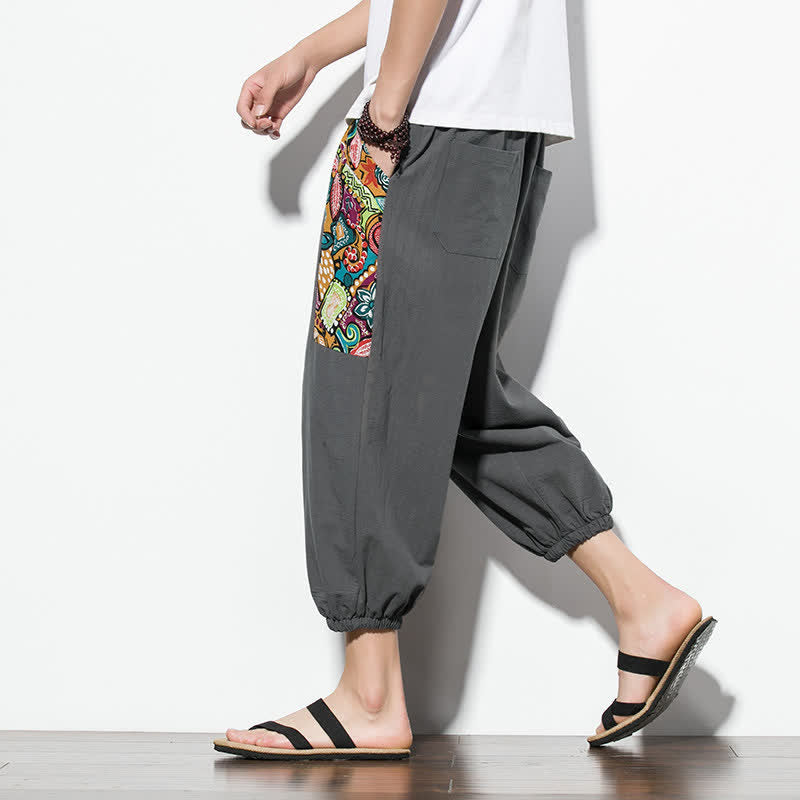 Buddha Stones Summer Casual Boho Drawstring Abstract Capri Pants Men's Harem Pants With Pocket