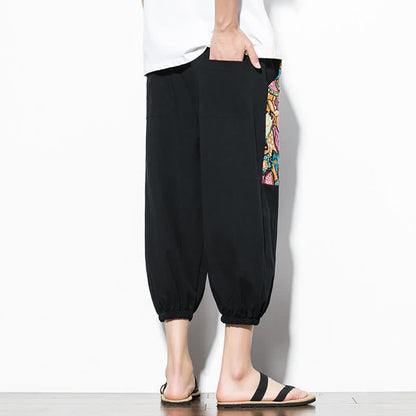 Buddha Stones Summer Casual Boho Drawstring Abstract Capri Pants Men's Harem Pants With Pocket