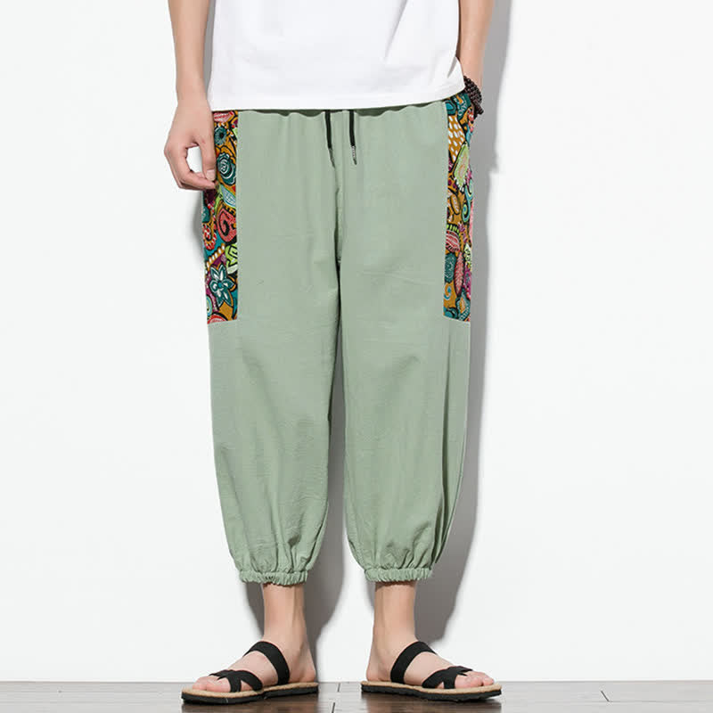 Buddha Stones Summer Casual Boho Drawstring Abstract Capri Pants Men's Harem Pants With Pocket