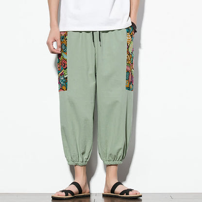 Buddha Stones Summer Casual Boho Drawstring Abstract Capri Pants Men's Harem Pants With Pocket