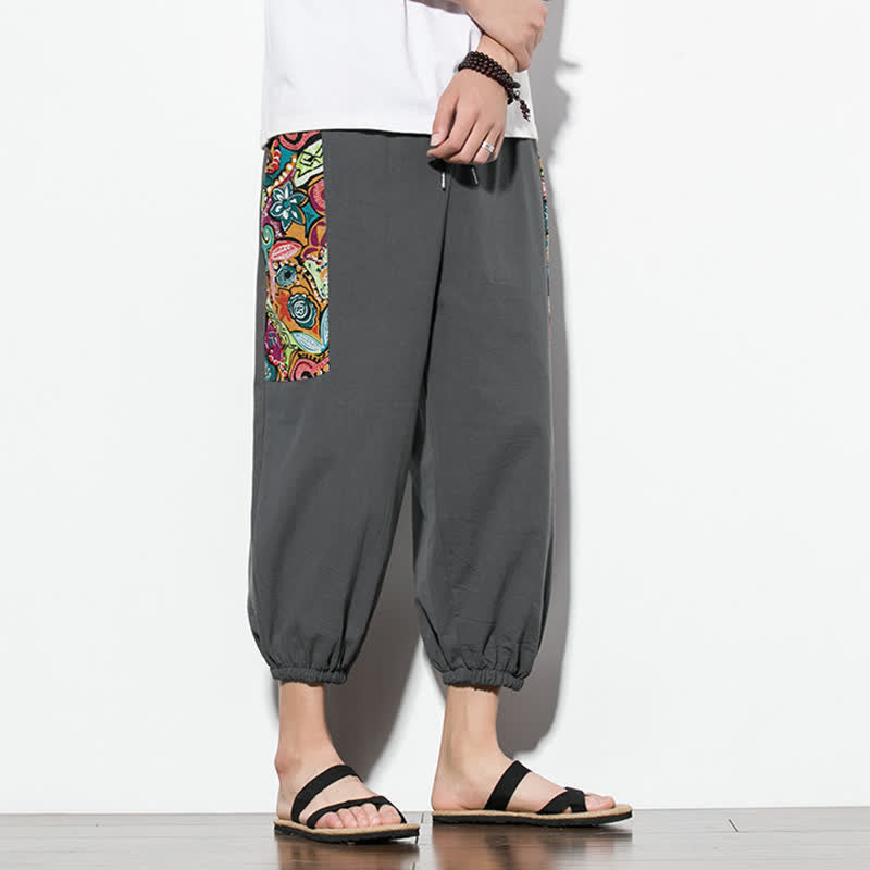 Buddha Stones Summer Casual Boho Drawstring Abstract Capri Pants Men's Harem Pants With Pocket