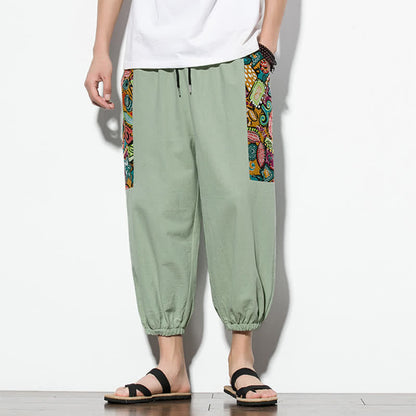 Buddha Stones Summer Casual Boho Drawstring Abstract Capri Pants Men's Harem Pants With Pocket
