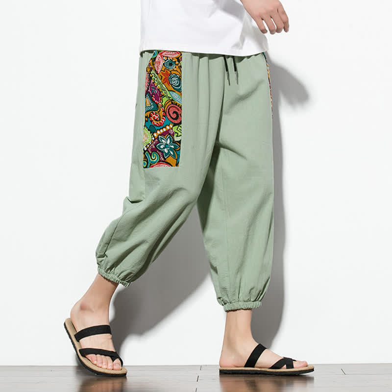 Buddha Stones Summer Casual Boho Drawstring Abstract Capri Pants Men's Harem Pants With Pocket
