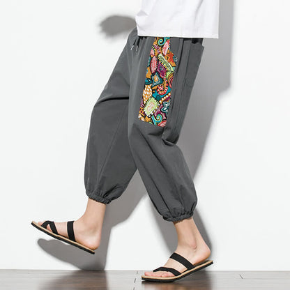 Buddha Stones Summer Casual Boho Drawstring Abstract Capri Pants Men's Harem Pants With Pocket