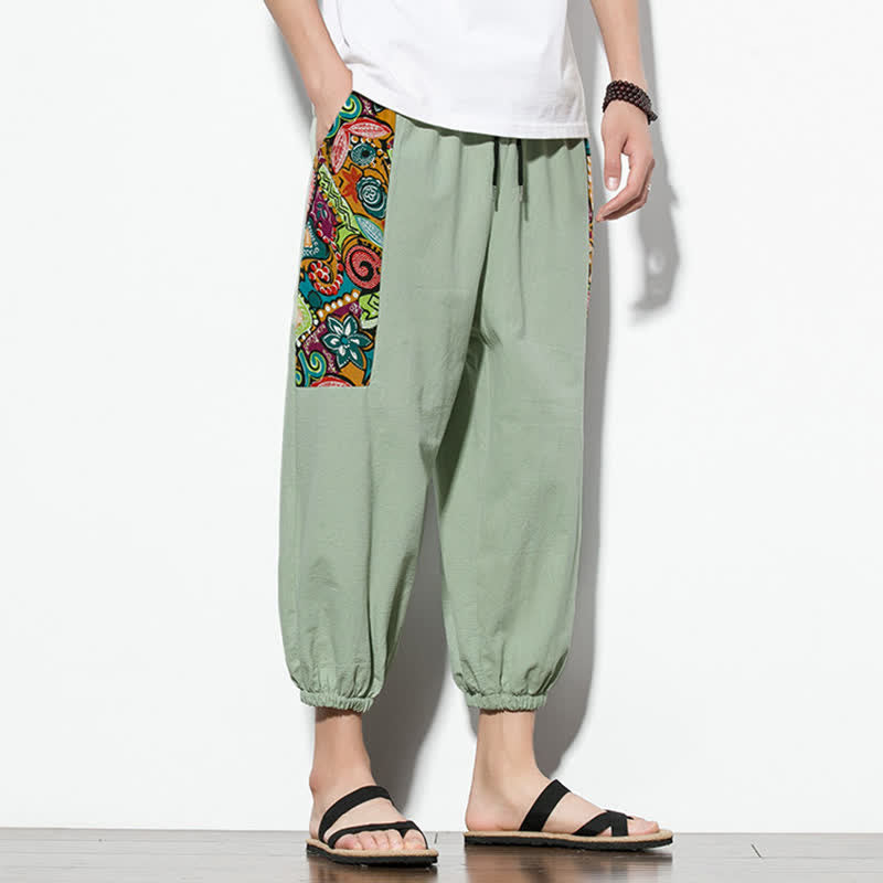 Buddha Stones Summer Casual Boho Drawstring Abstract Capri Pants Men's Harem Pants With Pocket