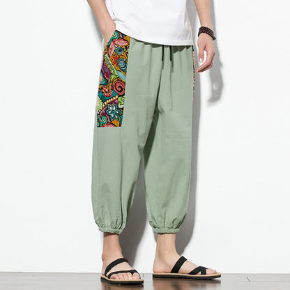 Buddha Stones Summer Casual Boho Drawstring Abstract Capri Pants Men's Harem Pants With Pocket