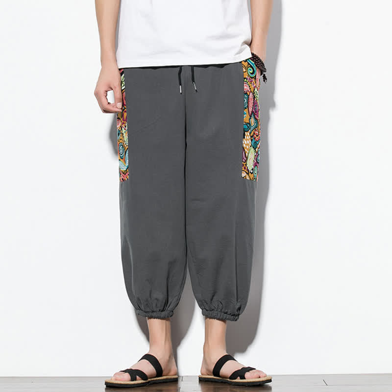Buddha Stones Summer Casual Boho Drawstring Abstract Capri Pants Men's Harem Pants With Pocket