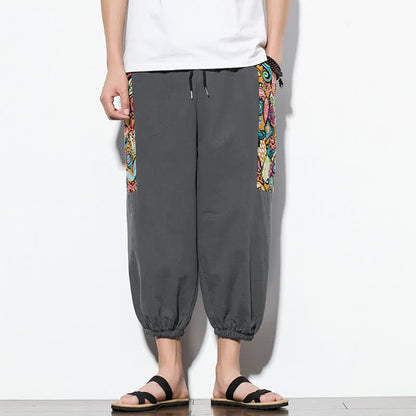 Buddha Stones Summer Casual Boho Drawstring Abstract Capri Pants Men's Harem Pants With Pocket