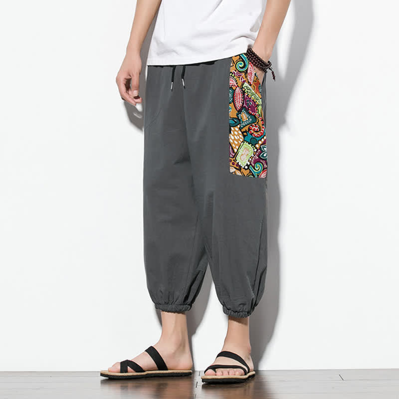 Buddha Stones Summer Casual Boho Drawstring Abstract Capri Pants Men's Harem Pants With Pocket