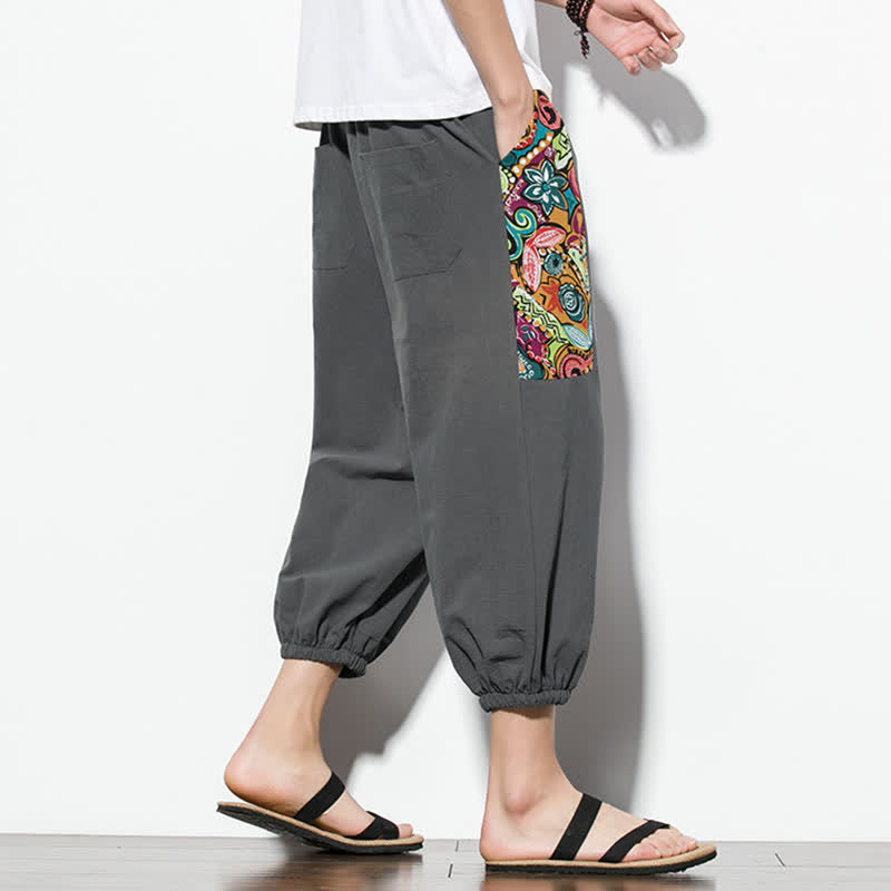 Buddha Stones Summer Casual Boho Drawstring Abstract Capri Pants Men's Harem Pants With Pocket