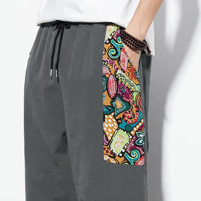 Buddha Stones Summer Casual Boho Drawstring Abstract Capri Pants Men's Harem Pants With Pocket