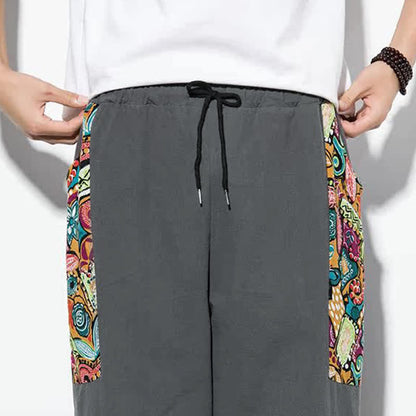 Buddha Stones Summer Casual Boho Drawstring Abstract Capri Pants Men's Harem Pants With Pocket