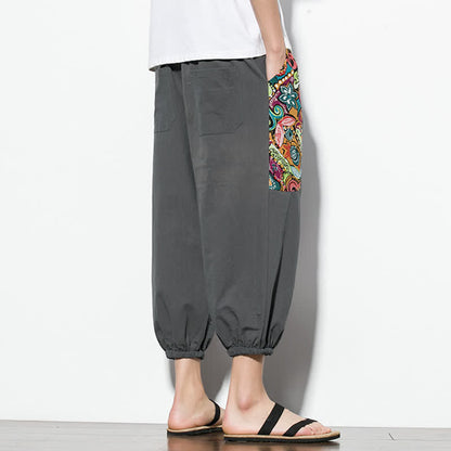 Buddha Stones Summer Casual Boho Drawstring Abstract Capri Pants Men's Harem Pants With Pocket