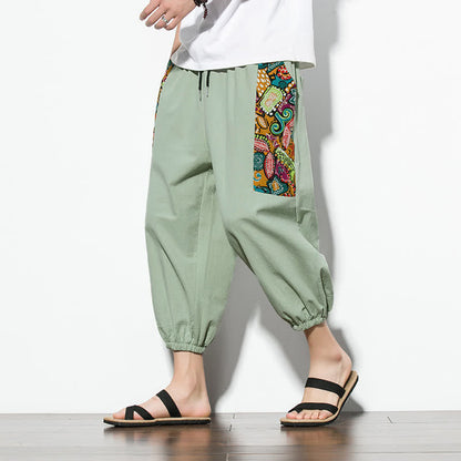 Buddha Stones Summer Casual Boho Drawstring Abstract Capri Pants Men's Harem Pants With Pocket
