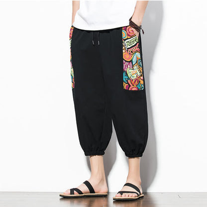 Buddha Stones Summer Casual Boho Drawstring Abstract Capri Pants Men's Harem Pants With Pocket